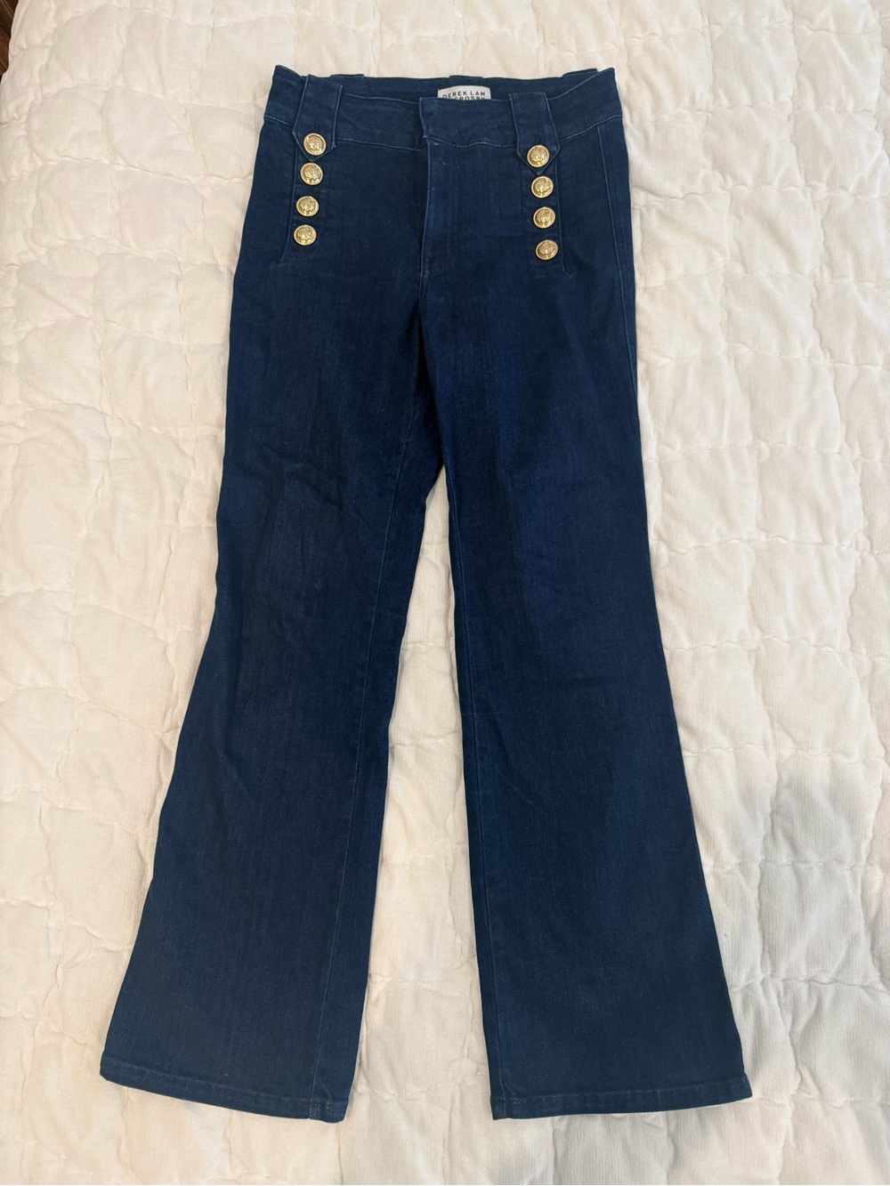 10 Crosby Derek Lam Navy Flare Jeans with Gold Buttons